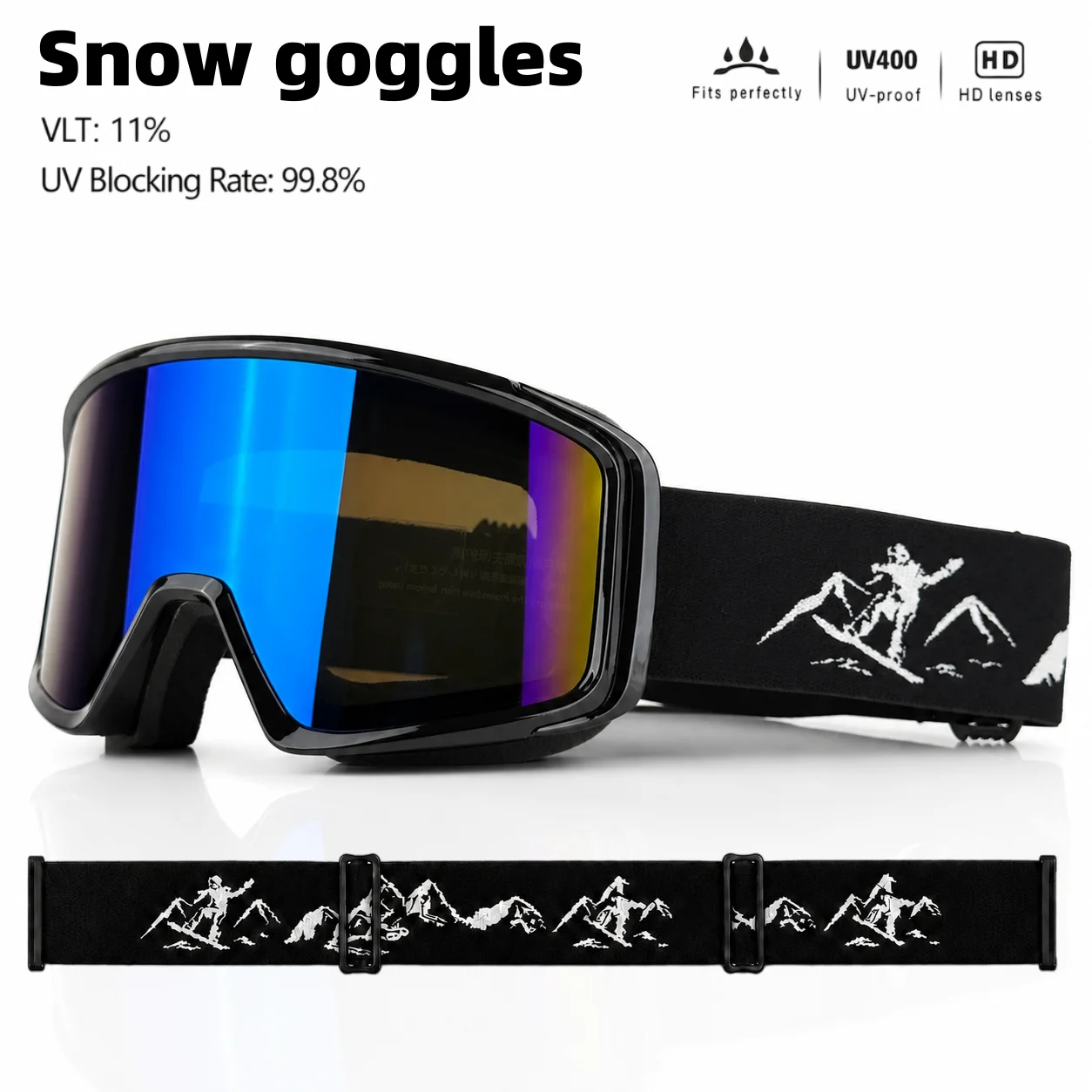 Professional Ski Goggles, Double Layer Anti-Fog Lenses, UV400 Protection, HD Snowboard Glasses with Adjustable Strap