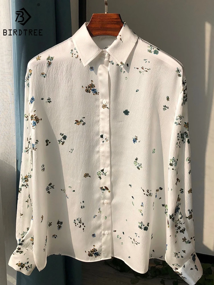 

Birdtree 100%Mulberry Silk Pearl Satin Jacquard Lapel Shirt Literary Artistic Feel Delicate Light Pearl-Like Color T38039QD