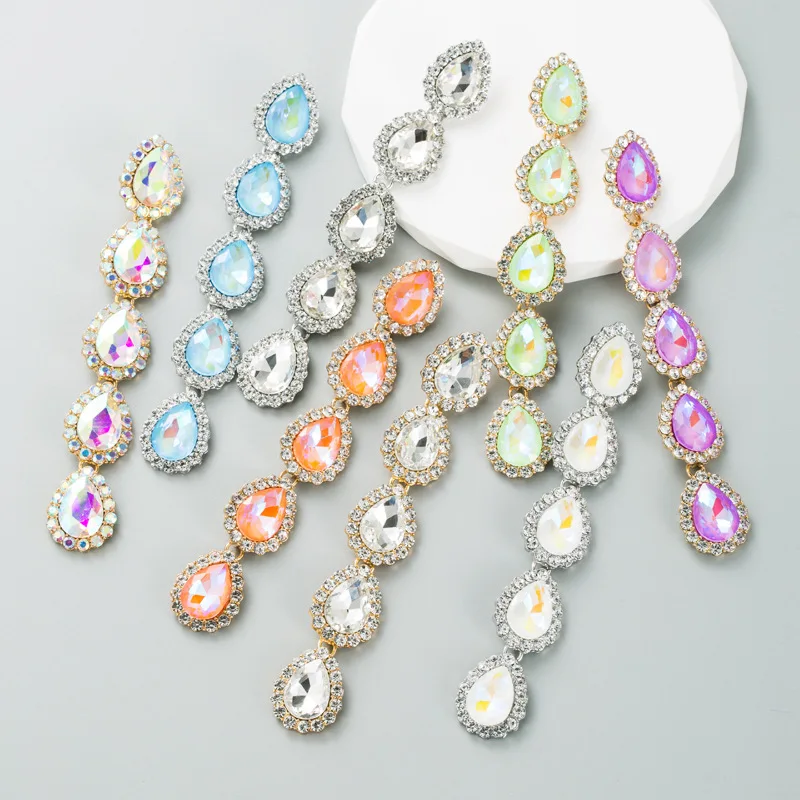 

Fashion 925 silver needle earrings women's alloy inlaid with colored rhinestones long earrings high-end temperament earrings