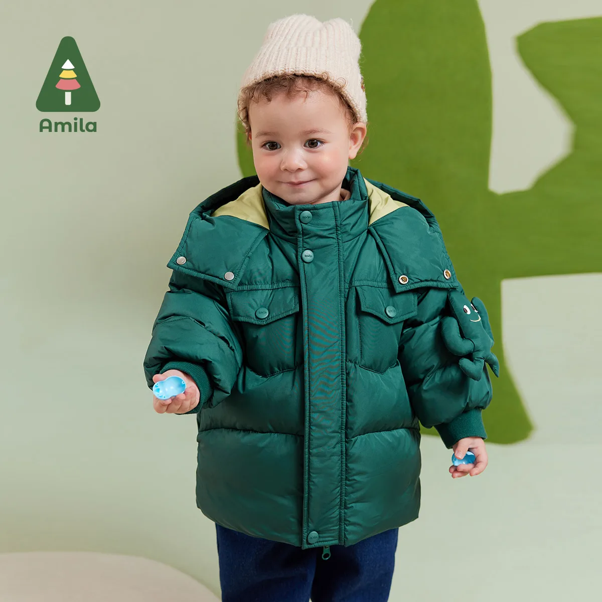 

Amila Baby Boy Down Jacket 2024 Winter New Multicolour Hooded Fleecing Soft Color Blocking Warm Baby Clothing