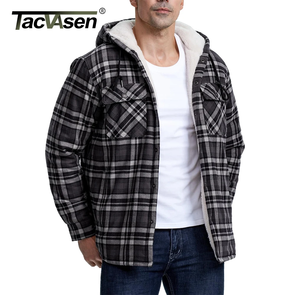 TACVASEN Thick Warm Flannel Hooded Jacket Mens Sherpa Fleece Lined Winter Coats Button Down Casual Plaid Shirt Jacket 5 Pockets