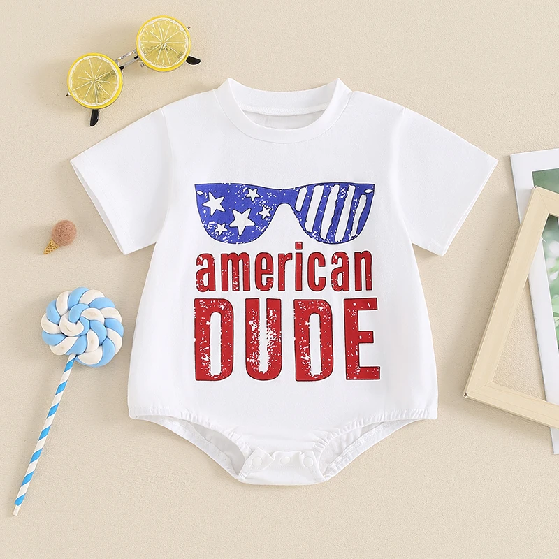 Cute Baby Independence Day Romper with American Flag Print Short Sleeve Round Neck Jumpsuit for Boys and Girls