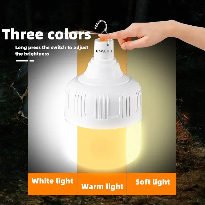 Gancho de luz de emergencia portátil todo en uno de tres colores, bombilla LED para acampar al aire libre, luz de carga USB, iluminación de Patio,