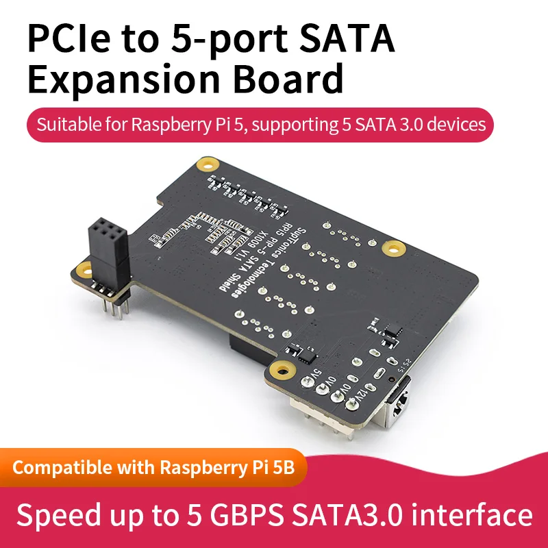 PCIe to 5-port SATA X1009 Expansion Board (5 Gbps) for Raspberry Pi 5, supporting 5 SATA 3.0 Devices