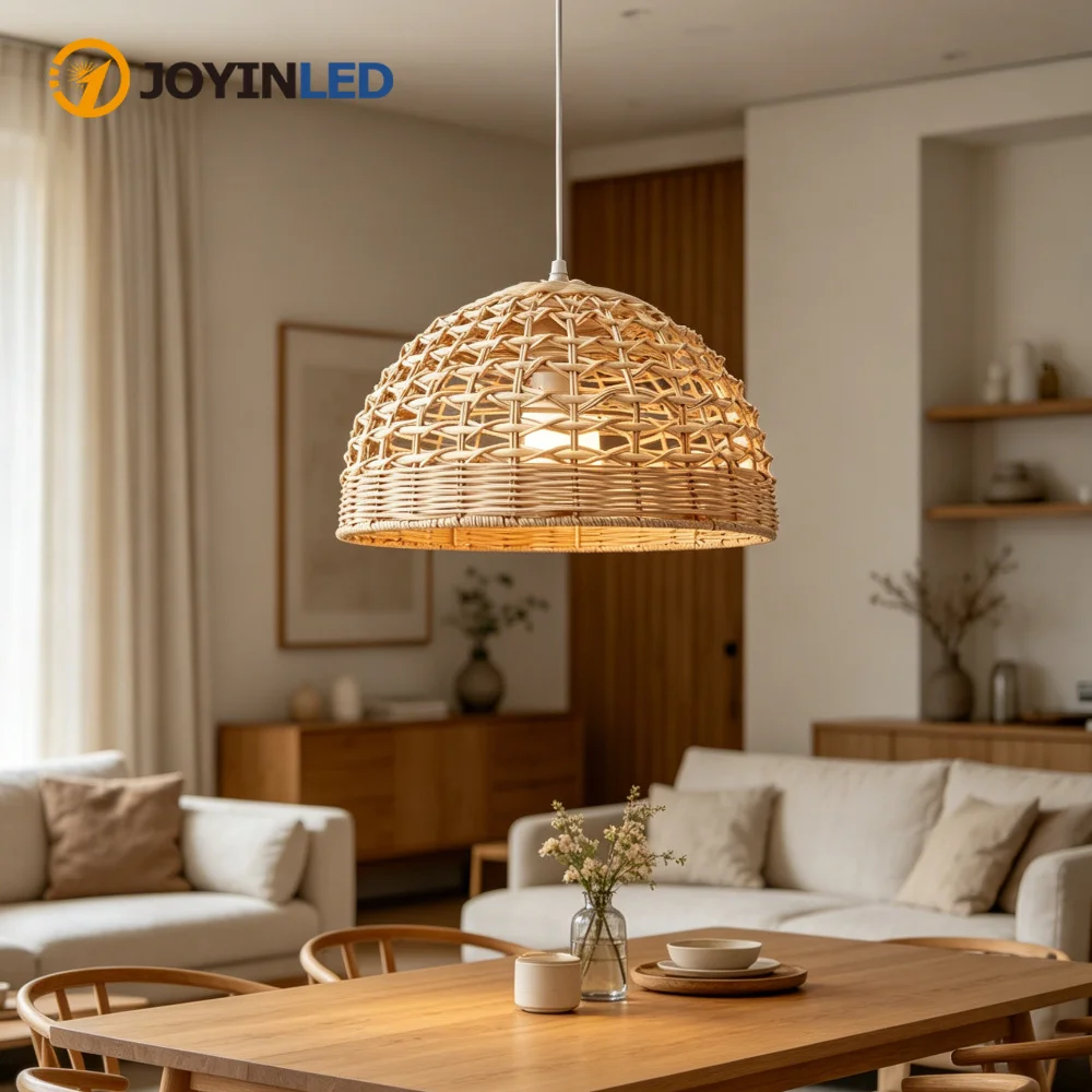 Lustre en rotin de style japonais JOYINLED, luminaire suspendu en osier, luminaire rond, abat-jour tissé bohème pour restaurant, bar, hôtel