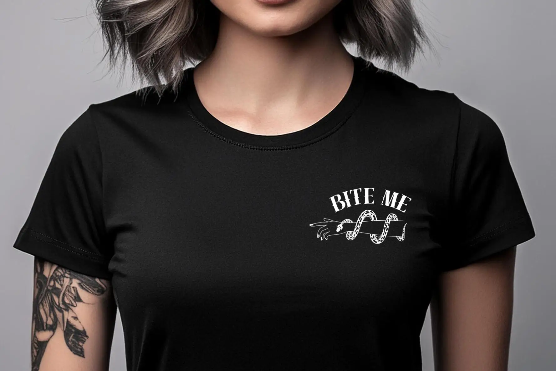 

Bite Me Snake T Shirt Bad Attitude Serpent Occult Goth Traditional Tattoo Art Inspired Emo