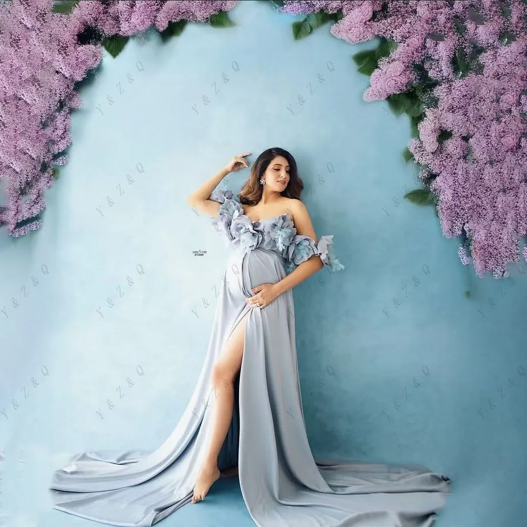 Vestido de Maternidad Azul Cielo con Hombros Descubiertos para Sesión de Fotos, Vestidos de Maternidad con Flores 3D, Vestido Largo para Embarazadas con Cuello en V y Abertura Sexy