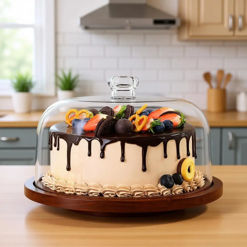 

Вращающаяся подставка для торта из акации с прозрачной акриловой крышкой, идеально подходит для декора на вечеринках и свадьбах