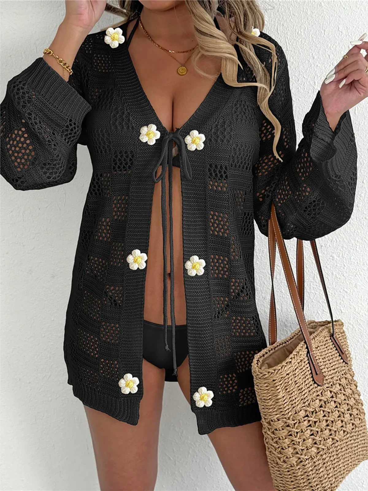 

3D Flower Crochet Cover Up Beach Dress Long Sleeve Tunic Women's Knitted Kimono Cardigan Resort Wear K7198