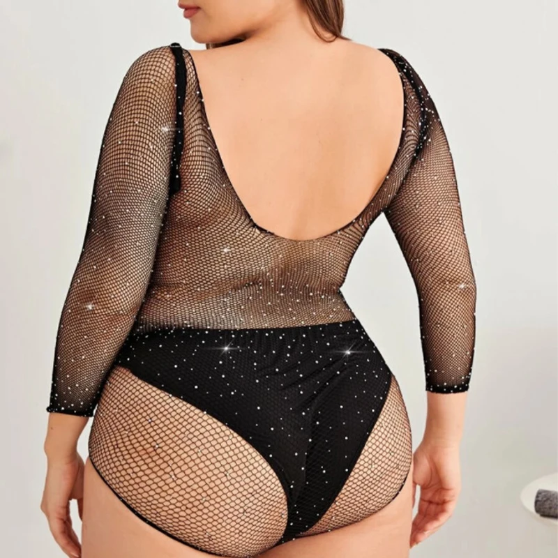 Plus Size Erotic Sexy Lingerie Bling Rhinestone Fishnet Bodysuit Transparent Dress Women Mesh Tights Exotic Sexy Outfits For Sex