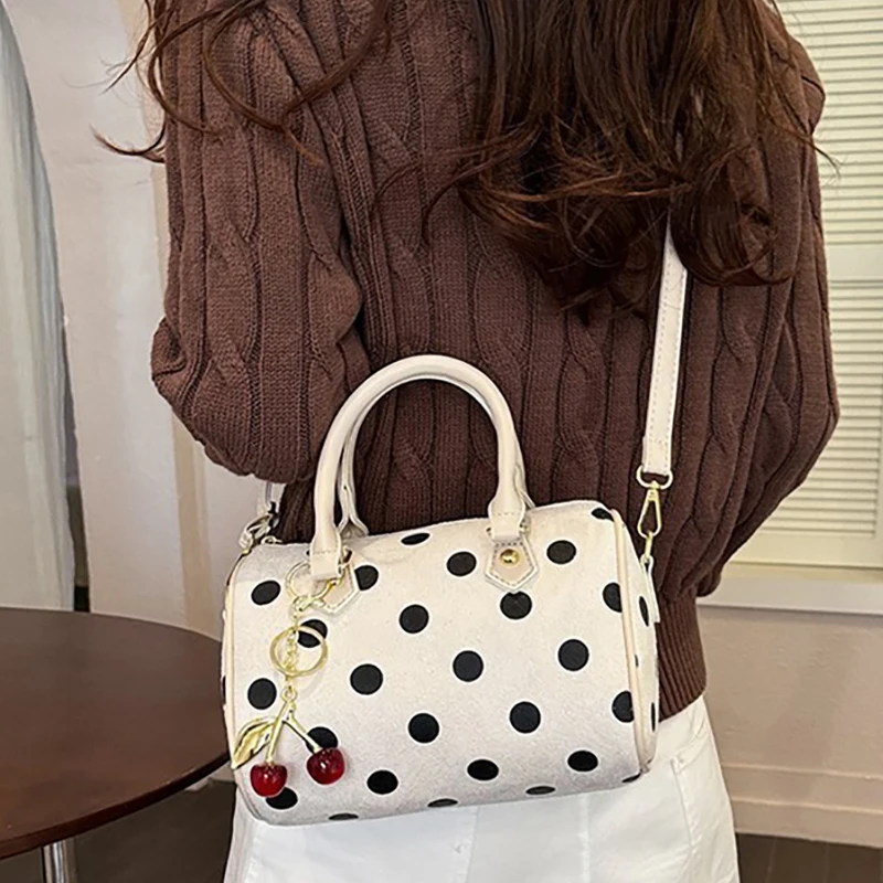 Women Polka Dot Boston Handbag Retro Cherry Pendant Mini Crossbody Bag Portable Top Handle Purse