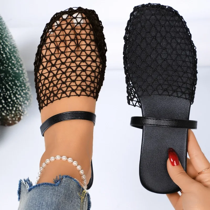 Sandalias De Mujer Fashion Women Shoes Designer Hollow Fishing Net Slippers Outdoor Trendy Versatile Soft Soled Flat Slippers