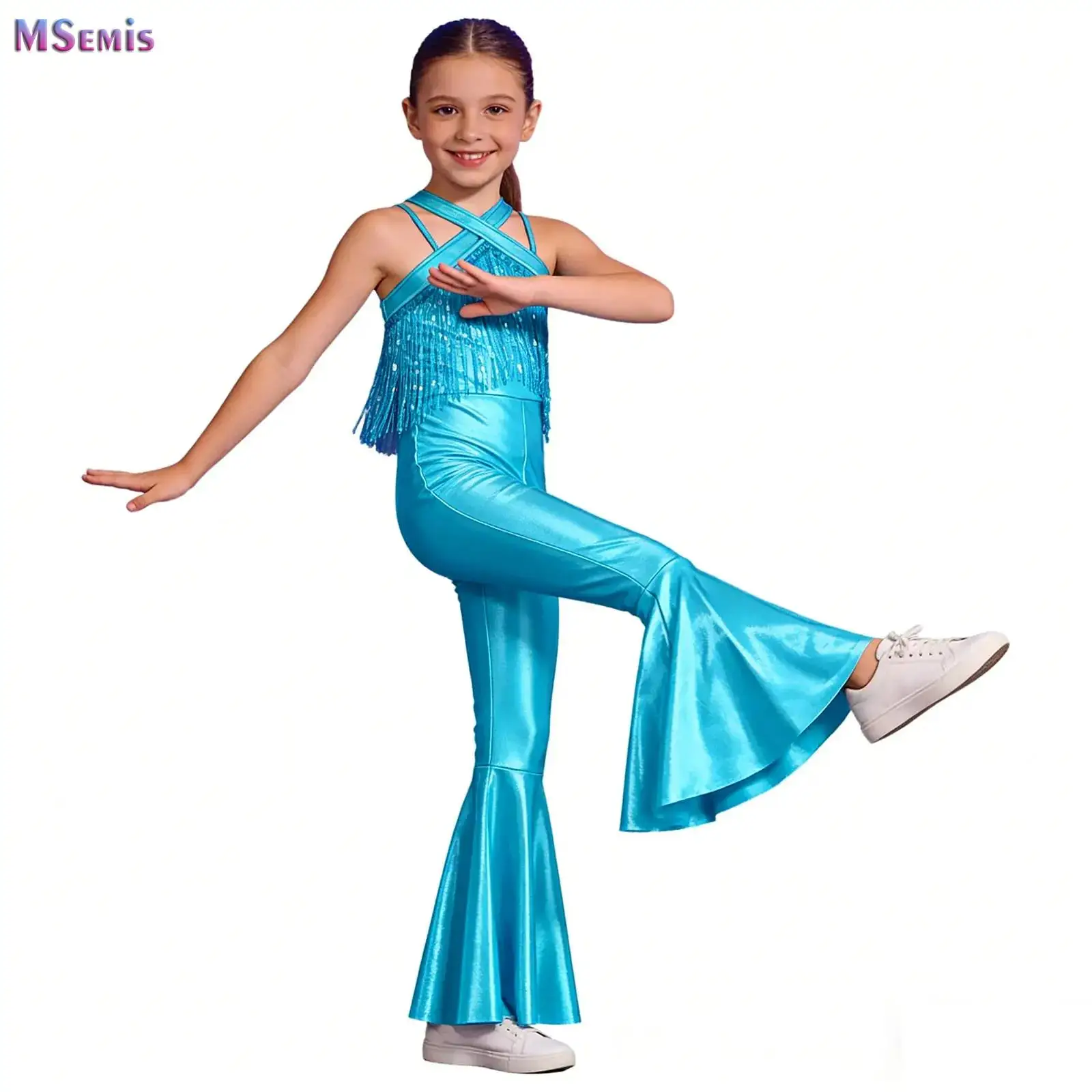 

Big Girls Jazz Dance Tassels One Piece Jumpsuit Hippie 70s Disco Costume Sequin Pants Bodysuit Retro Party Prom Latin Dancewear