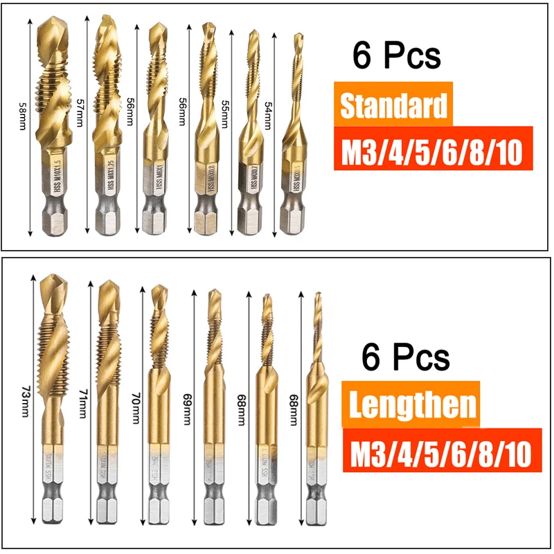 

6pcs M3-M10 Screw Tap Drill Bits Hss Taps Countersink Deburr Set Metric Combination Bit High Speed Steel 1/4 IN Quick Change Hex