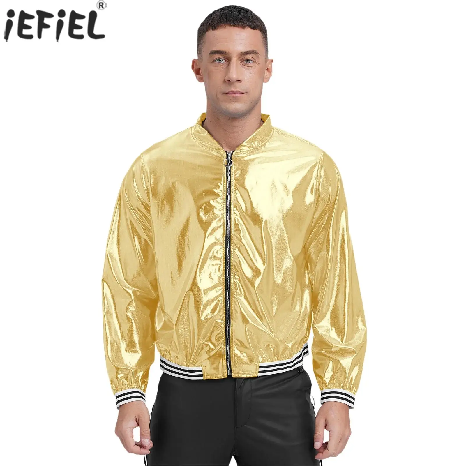 Cool Men Shiny Baseball Bomber Jacket Long Sleeve Striped Band Outerwear Disco Dance Jacket Coat Clubwear Stylish Street Look