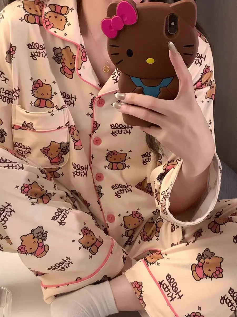 2025New Hello Kitty Pajama Set Anime Sanrio Thickened Warm Homewear Set Woman's Pajama Pants Suit Sweet Girl Loungewear Gifts