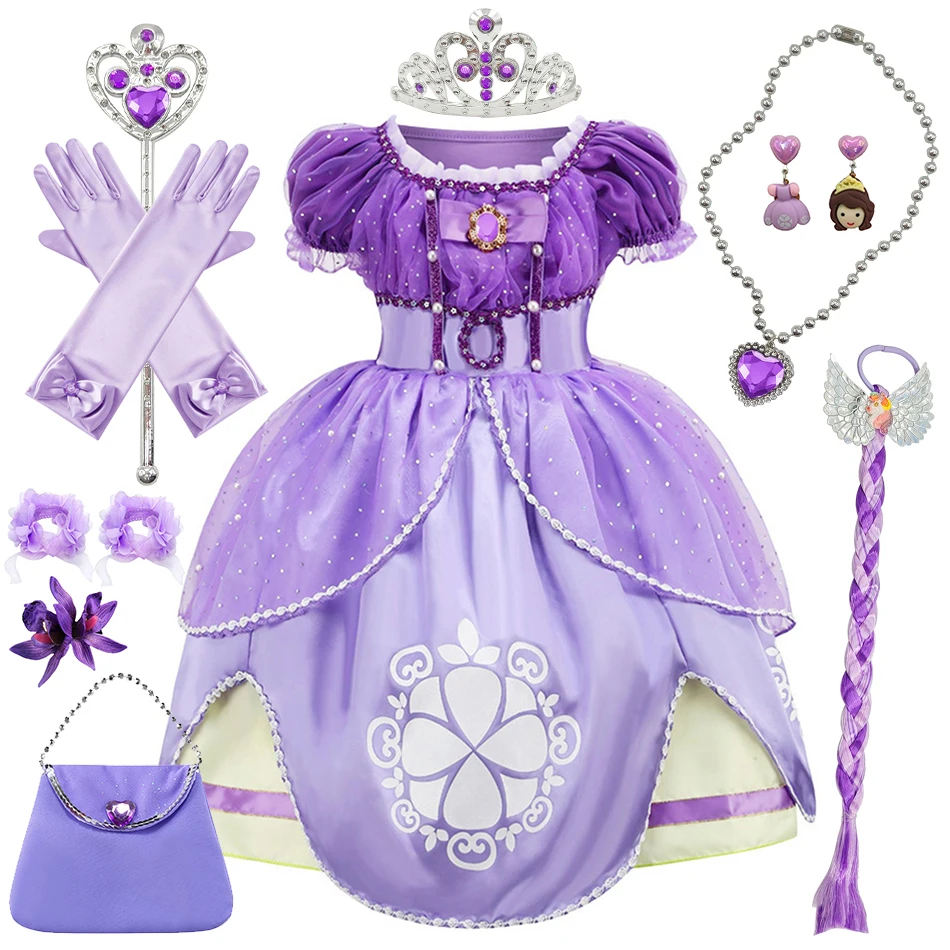 Kids Sofia Dress Children Princess Cosplay Halloween Birthday Carnival Purim Party Sophia Costumes Girls Puff Sleeve Ball Gown