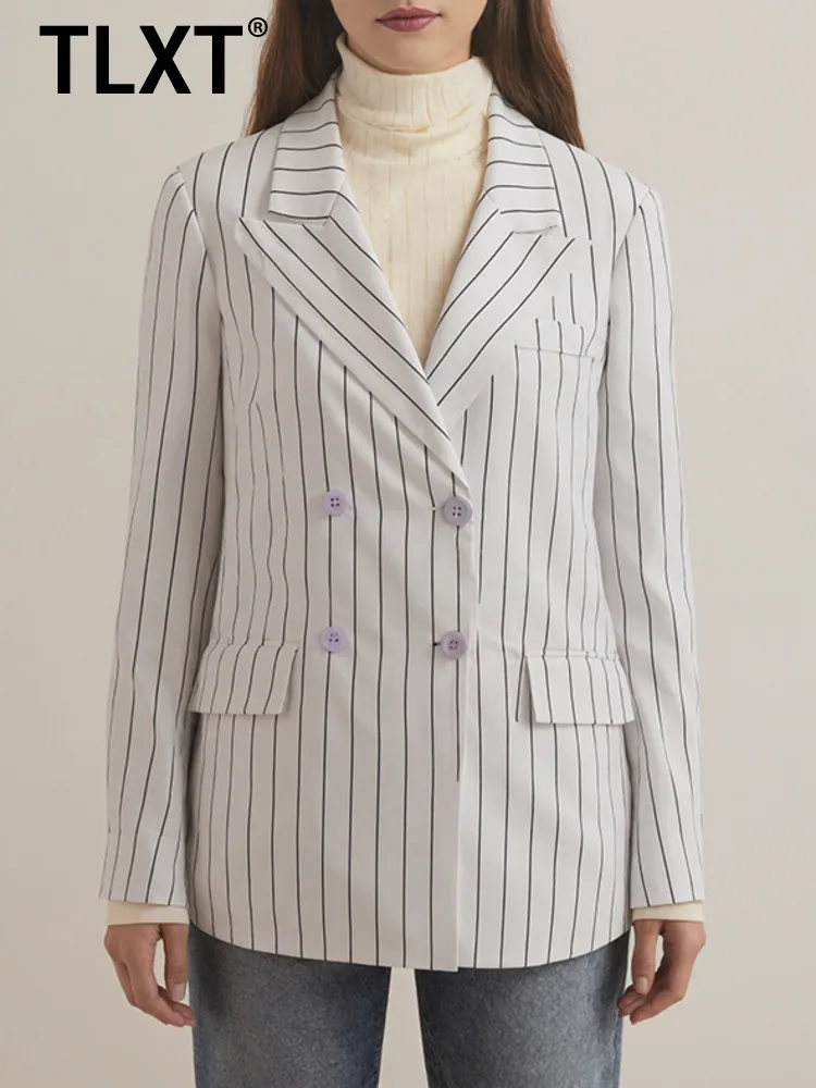

TLXT Fashion White Vertical Stripes Blazer Women's Lapel Loose Double Breasted Long Sleeves Suit Jacket Autumn New XK1517