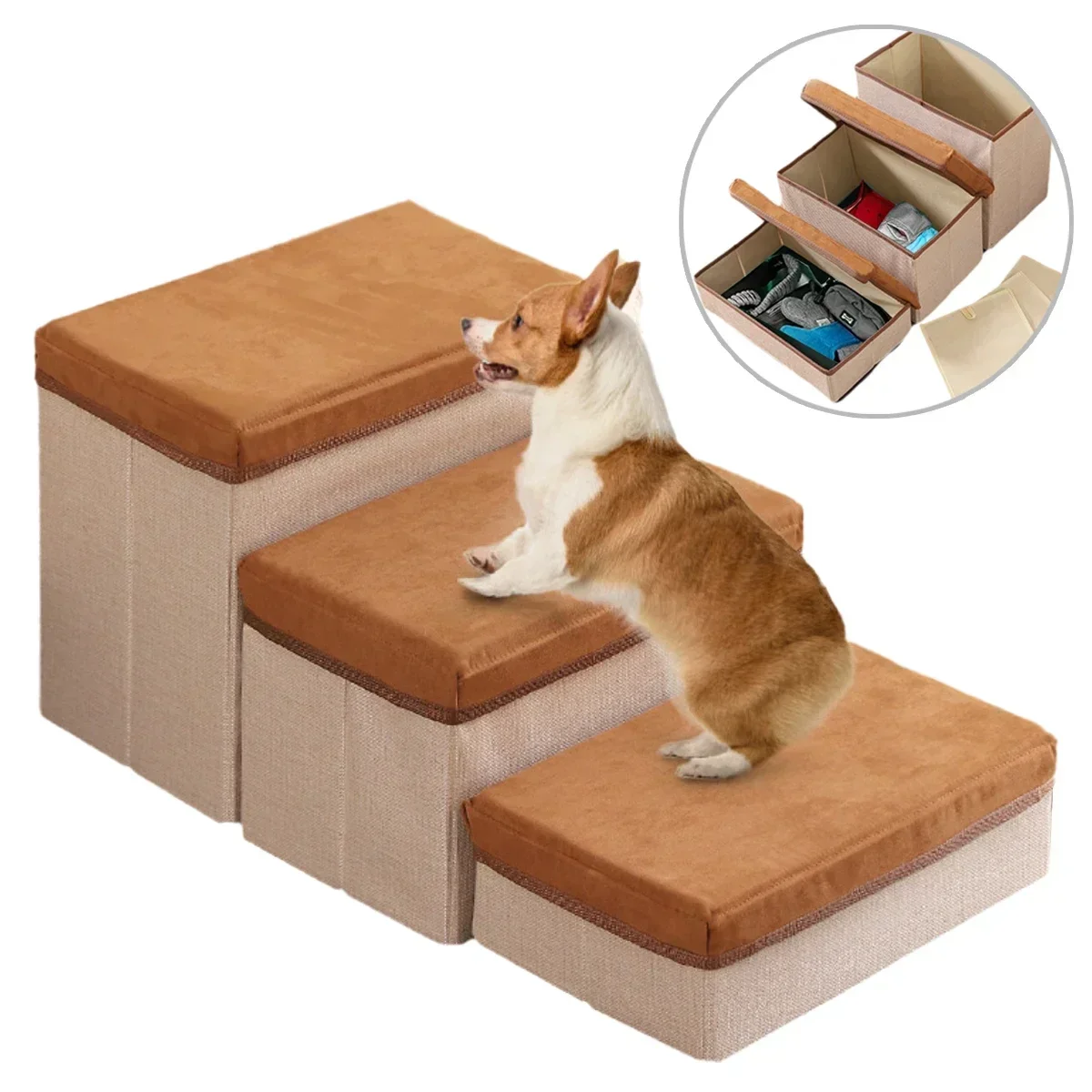 Foldable Wear-resistant Puppy Stairs W/ Three Steps Storage Box Pet Thickened Climbing Anti-slip Ladder Bed for Dog Accessories