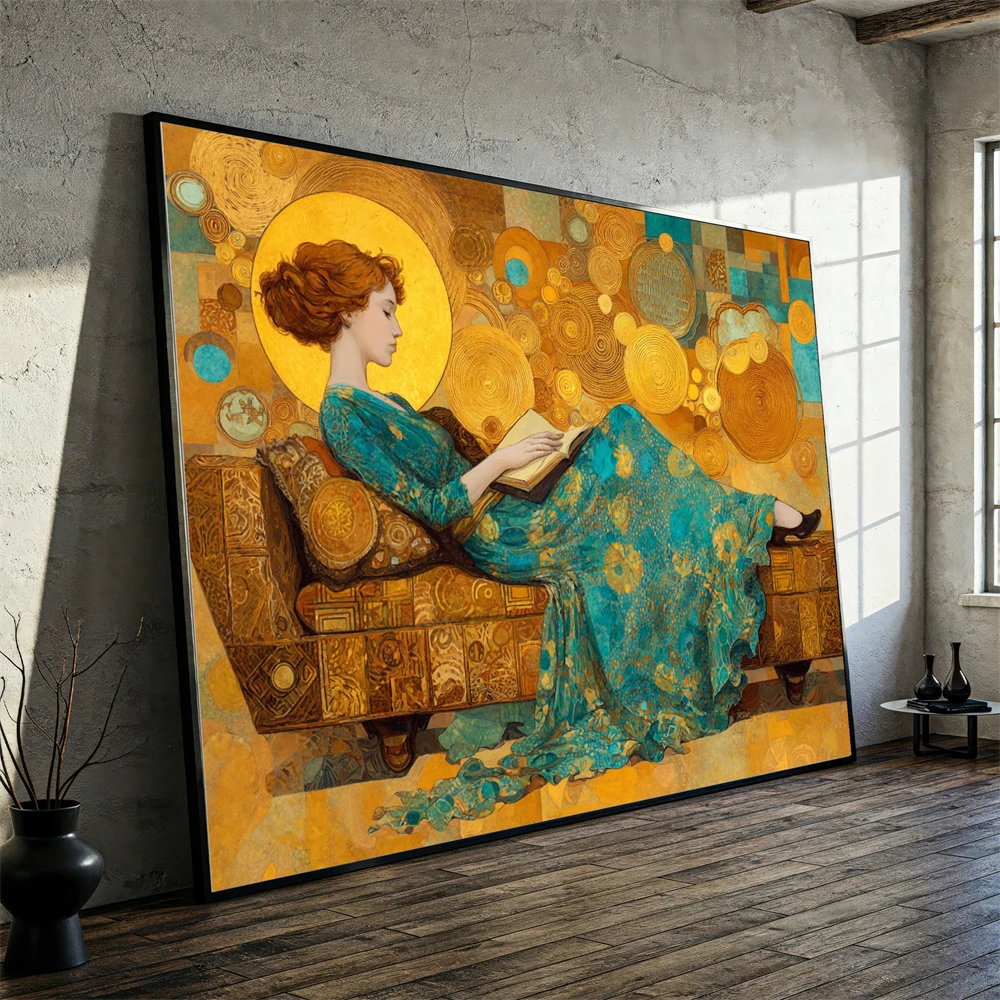 Gustav Klimt Reclining Woman Canvas Painting Nouveau Wall Art Elegant Reading Scene Prints Bohemian Blue Floral Dress Decor