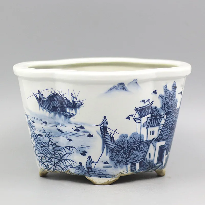 1 Pcs Chinese Jingdezhen Blue and White Porcelain Water Town Landscape Design Flower Shape Flowerpot Pot 7.8