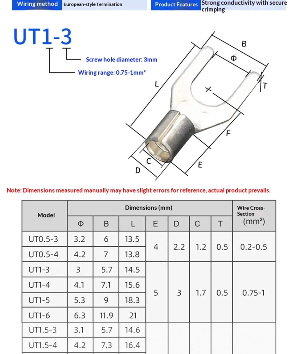 Gabelkabelschuhe UT1/1.5/2.5/4/6-4/5/6 Messing U-Typ Elektrischer Verbinder Nicht Isolierte Klemmleiste Kaltpresskabelverbinder – Detail 7