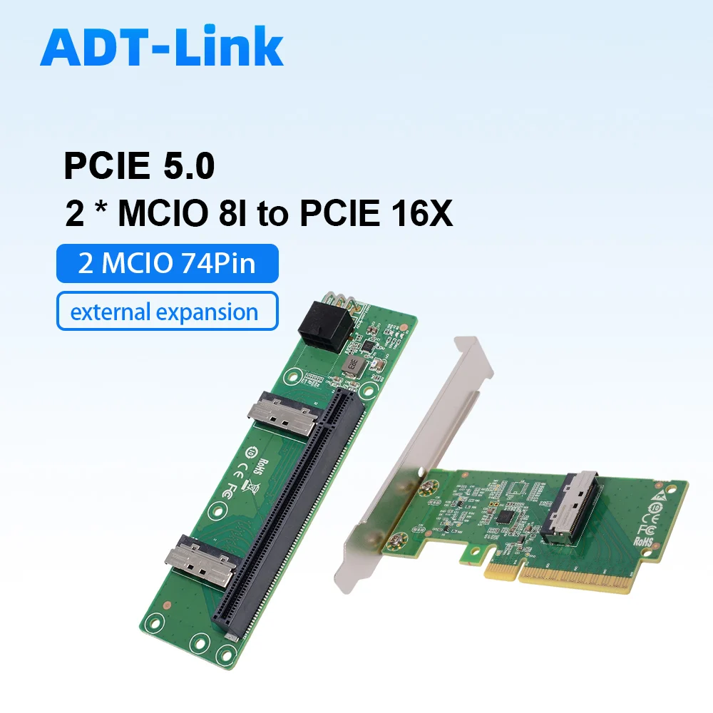 

ADT-Link PCIe 5.0 MCIO Gen5 Device Adapter Crad 2x 8i To X16 Slot Rise External Extension / High-speed Cable 0.55 /0.7m 32Gbps