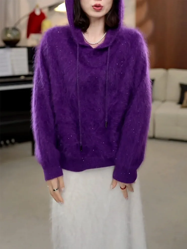 

Ele Purple Hooded Knitwear Sweatirt Women's Faionable Versatile Top Korean Sle Loose Fit Long Sve Warmth Emitting