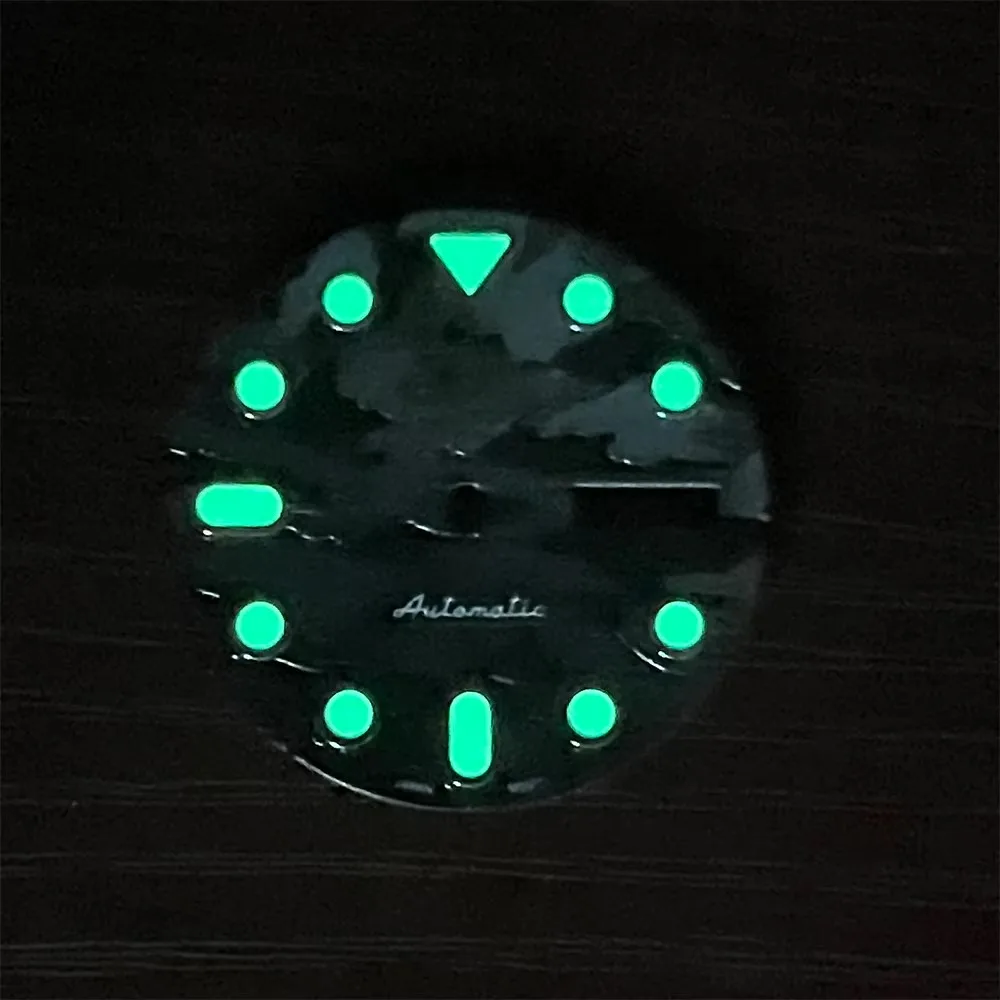 Mostrador camuflado com logotipo s, 28.5mm, adequado para movimento japonês nh36/4r36, verde luminoso, acessórios de modificação de relógio de alta qualidade