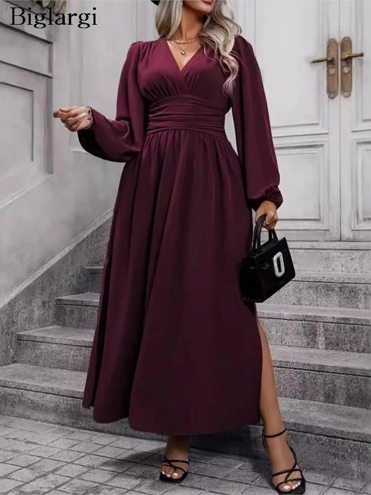 Plus Size Herbst V-Ausschnitt Kleid Frauen schlanke hohe Taille Mode Laterne Langarm Damen Kleider Rüschen plissiert lose Frau Kleid