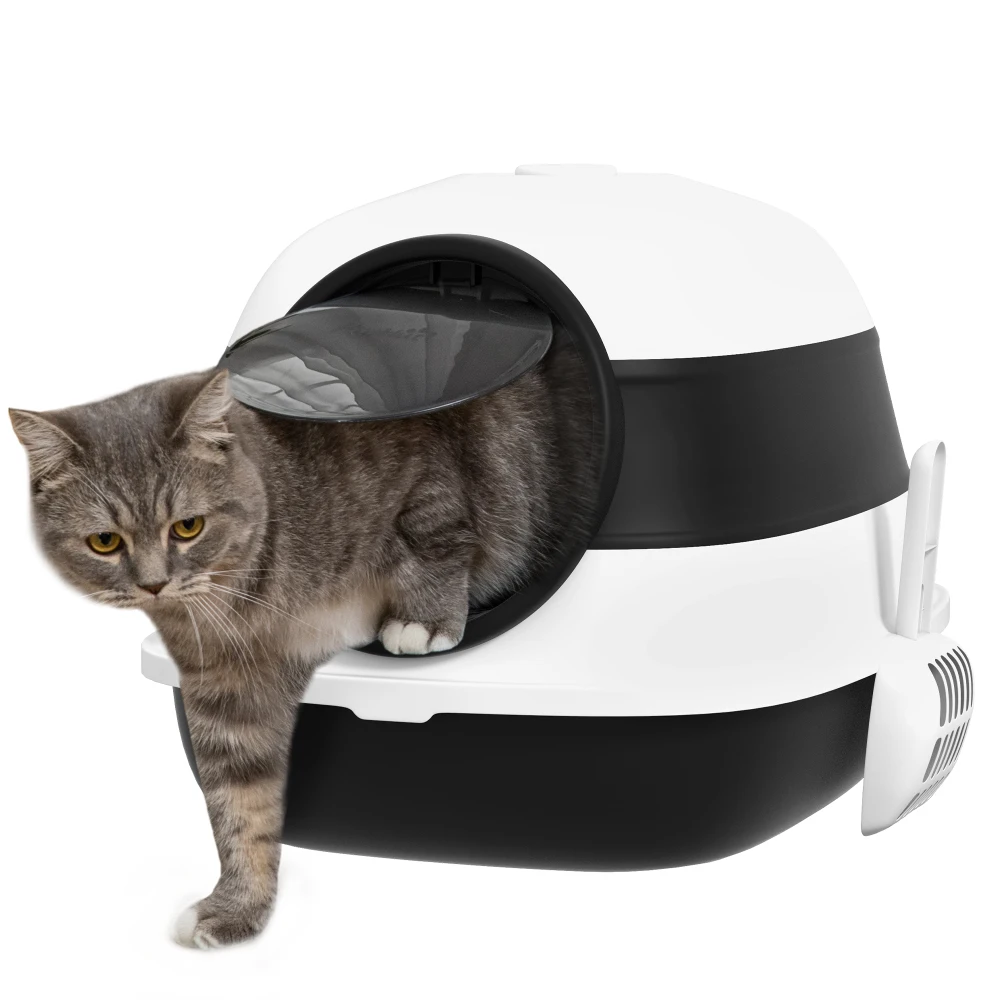 

PawHut Cat Litter Box with Lid, Covered Litter Box w/ High Sides, Air Freshener, Large Two-Way Entrance Kitty Litter Box, Foldable, Easy Clean, White, and Black
