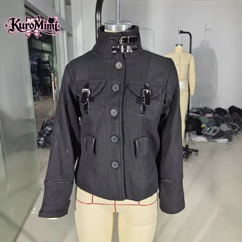 Gothic Punk Punk Princess Women Stand Collar Buckle Detail Single Breasted Slim Fit Cropped Wool Jacket Harajuku Streetwear New