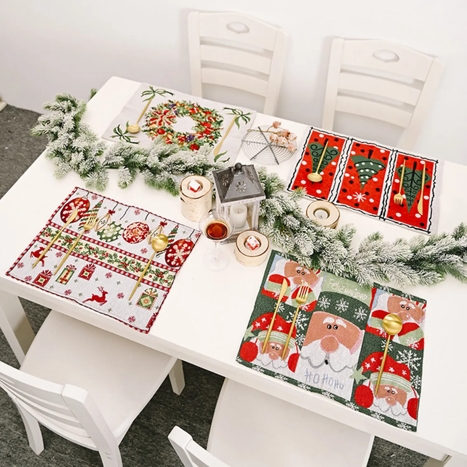 Christmas Woven Cloth Placemats Place Table Mats for Home Dining Room Kitchen Hotel Restaurant Xmas Party Supplies Wreath