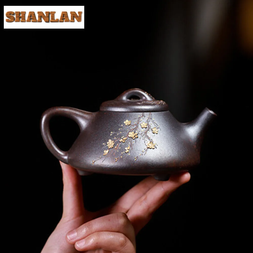 220ML Vintage Yixing Purple Clay Teapots Handmade Stone Scoop Pot Raw Ore Section Mud Tea Brewing Kettle Zisha Tea Set Ornaments