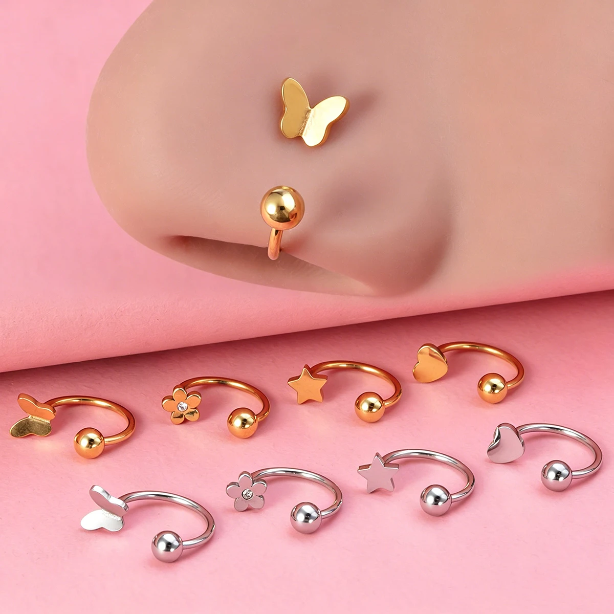 1/5 Stück Edelstahl Nasenring Nasenloch-Piercing Schmuck Herz Stern Blumen Ohrknorpel Tragus Daith Helix Piercing Ohrringe