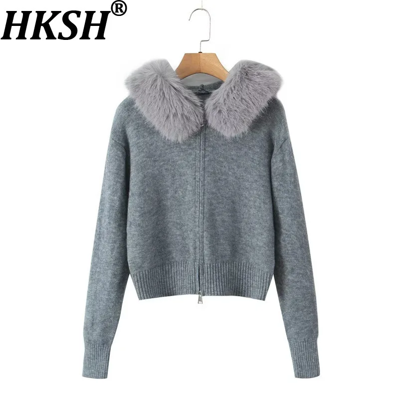 

HKSH 2025 Autumn Winter New Women's Sweater Fur Collar Hooded Zipper Versatile Elegant Casual Trend Ins Knitted Cardigan HK15125