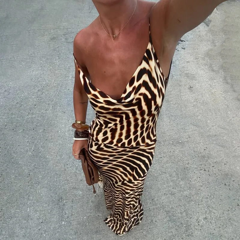 

Women Vacation Skinny Summer Trend Sexy Banquet Printed High Waisted Sling Sundress Sleeveless Backless Irregular Maxi Dress