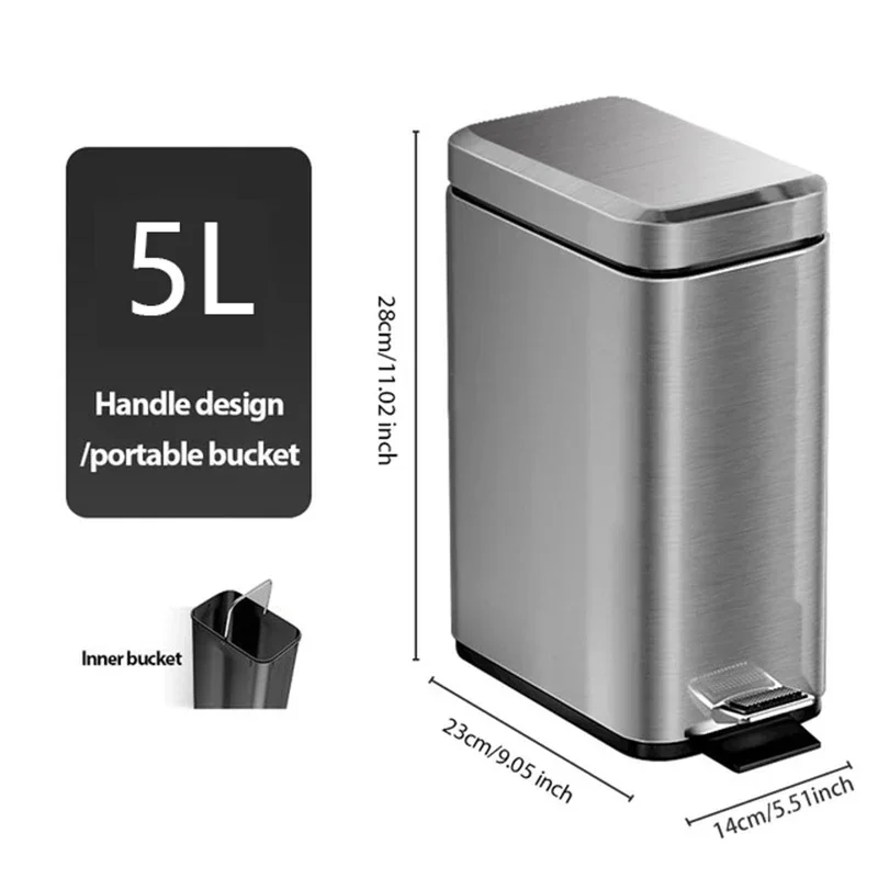 Stainless Steel Step Trash 5L Rubbish Bin For Kitchen And Bathroom Silent Trash Can Home Waterproof Waste Bin