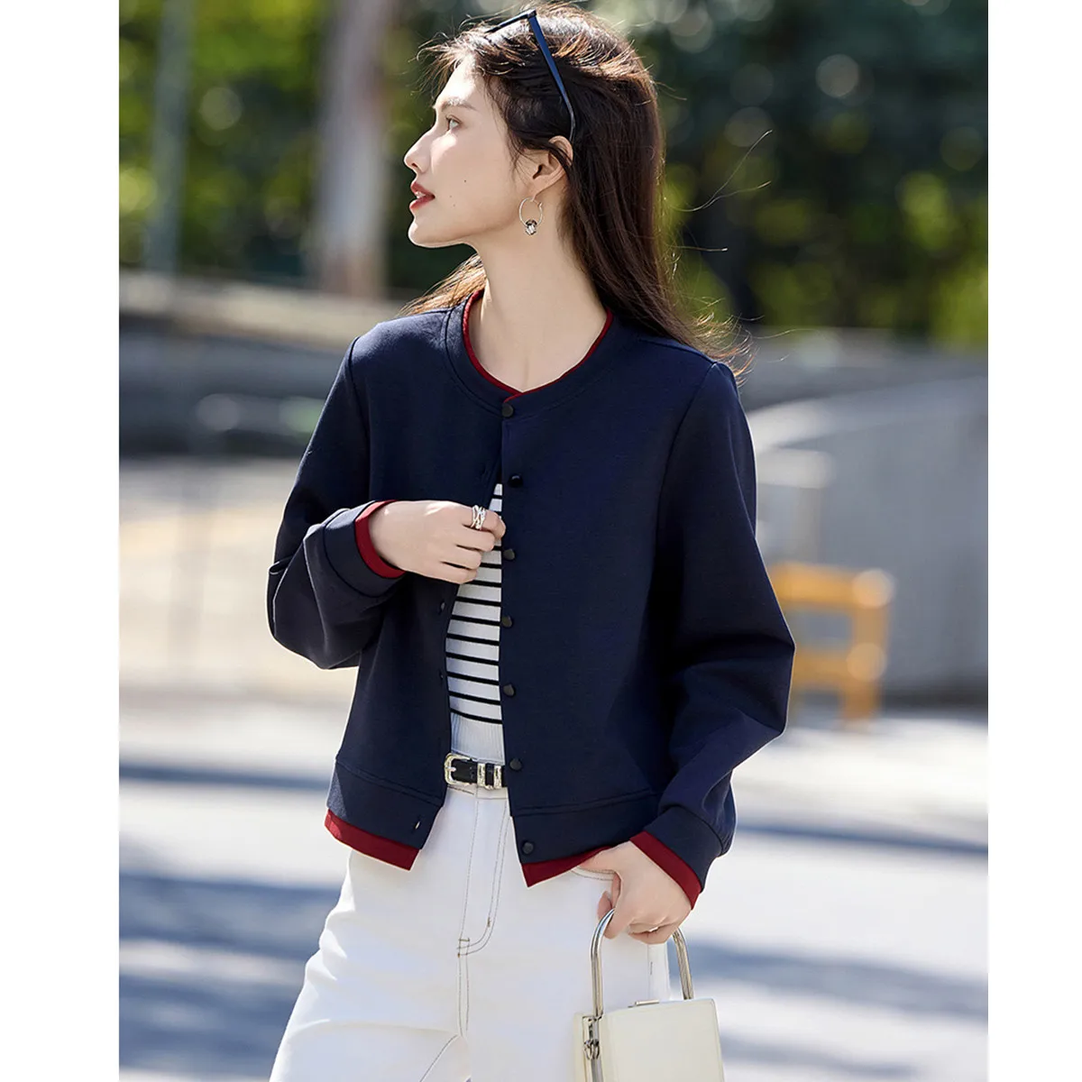 

Faionable Splice Fake Two-Piece Baseball Jaet Женская ор Верхняя одежда Хлопок Полиэстер Спандекс круглый Ne Regular Sve