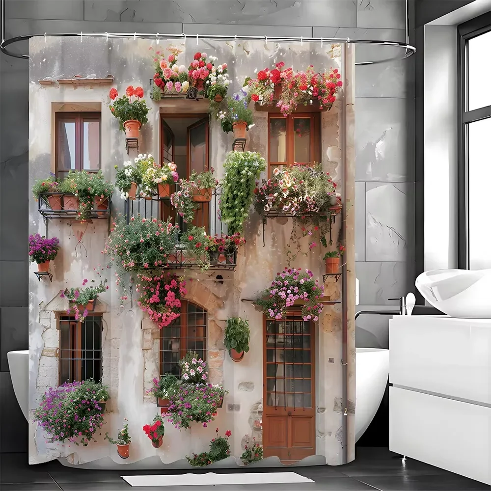 Italian Street Scenery Shower Curtain, Brick Wall Pink Floral Vintage Wooden Door Potted Plant European Street Natural Garden