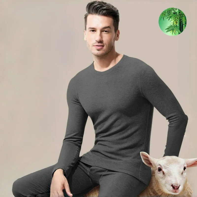 

Зимние комплекты термобелья, мужские шерстяные шелковые топы из бамбукового волокна для шлифования лица + длинные брюки, приятный для кожи утолщенный теплый комплект из 2 предметов