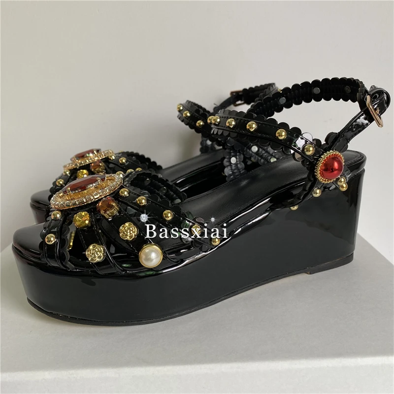 Luxury Rivet Beads Decor Modern Sandals Women Patent Leather High Wedges Platform Crystal Diamond Buckle Party Shoes Summer view 3