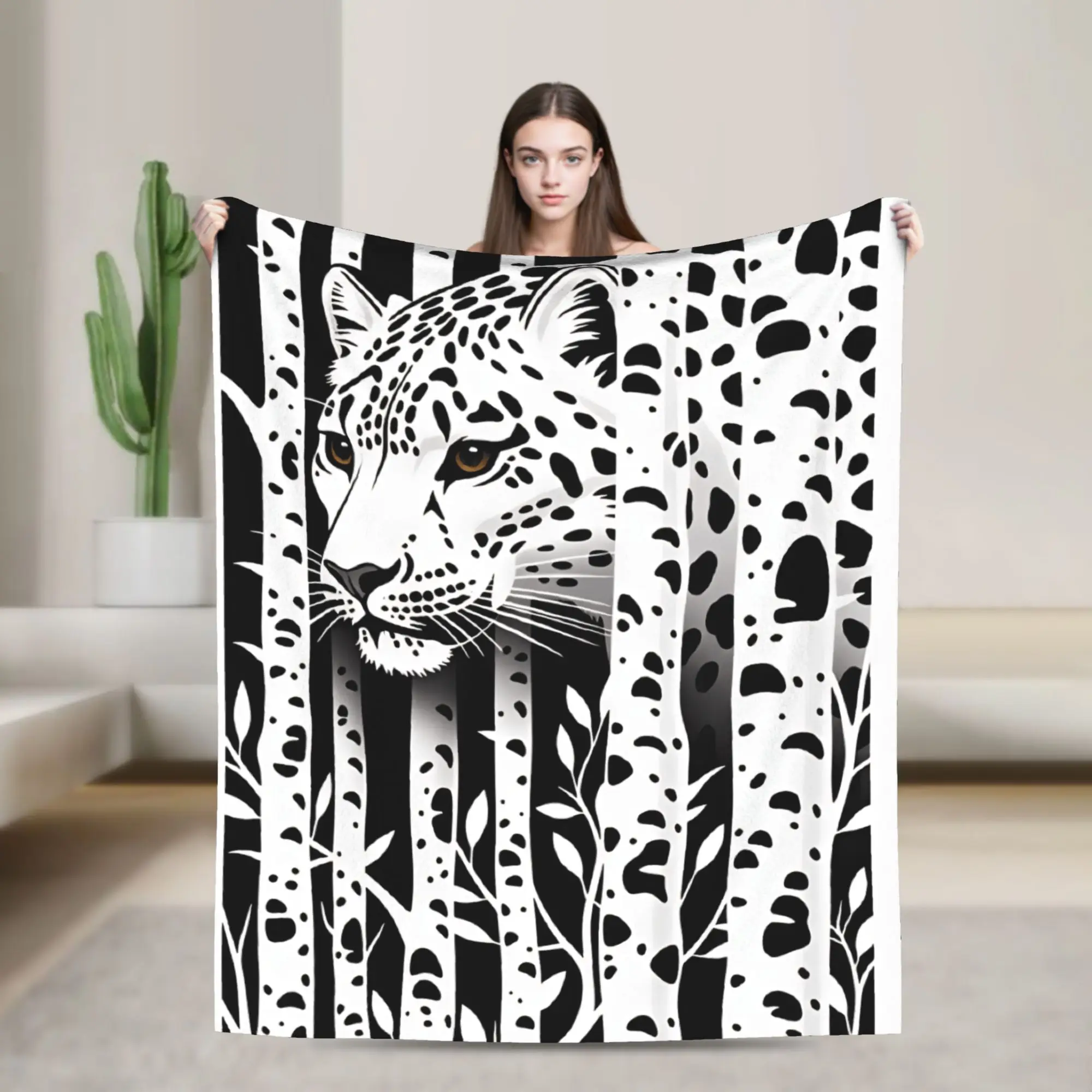 Soft Cozy Blankets Camping Leopard In Birch Forest Black White Graphic Art Bedding Throws Graphic  Bedspread For Outdoor