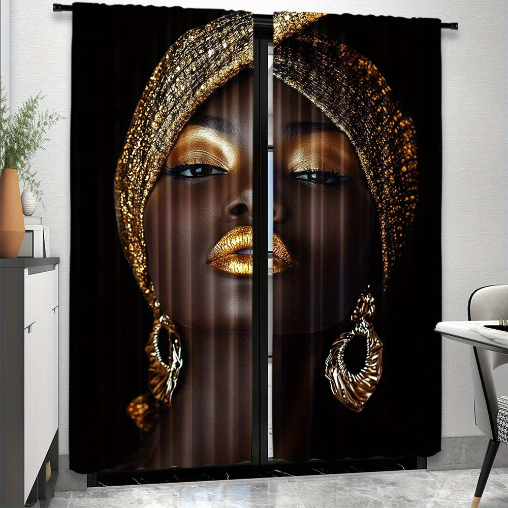 African Woman Curtains Black Gold Portrait Window Drapes Ethnic Art Home Decor Boho Style Living Room Curtain Design