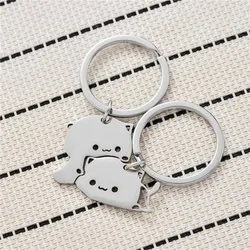 Cute Cartoon Cat Keychain Couple Lovers Stainless Steel Matching Keyring Lovely Pendant Key Chain Valentine's Day Gift Jewelry