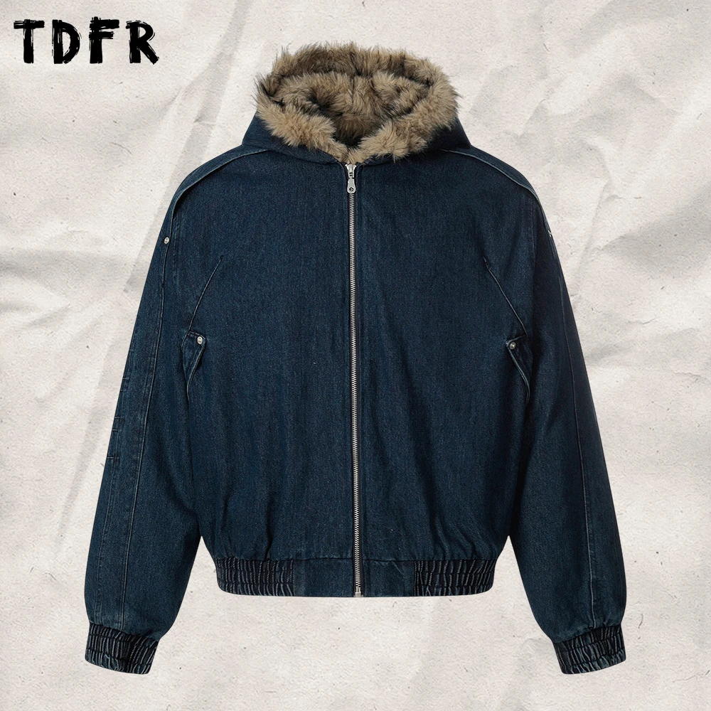 Retro Washed Distressed Denim Jacket Mens Winter Long Sleeve Fur Collar Hooded Quilted Jacket Man Outerwear