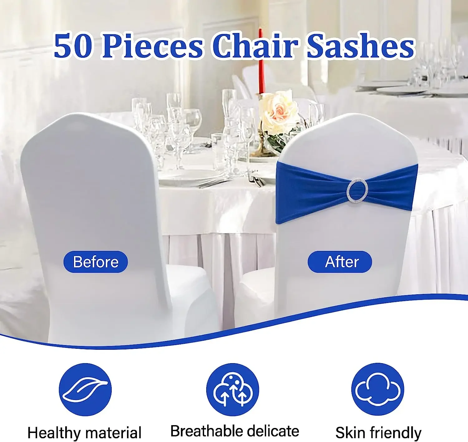 50Pcs Wedding Chair Knot Back Cover Sash Bow Elastic Band Buckle Decoration Props Slider for Events Decor Banquet