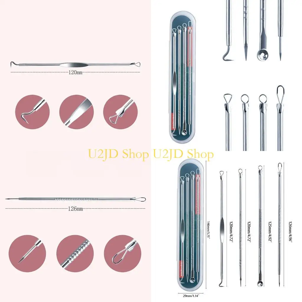U2JD 4PCS สแตนเลสสิวการกำจัดสิวเข็มสิวเครื่องมือล้างหัวดำเครื่องมือช้อนใบหน้าเครื่องมือดูแลผิวสำหรับทำความสะอาดรูขุมขนบนใบหน้า