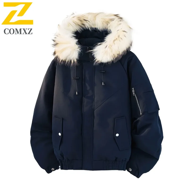 COMXZ Men Down Jacket High Quality Hooded Outdoor Mountaineering Thickened Warm Parka Solid Color Comfort Winter Down Coats