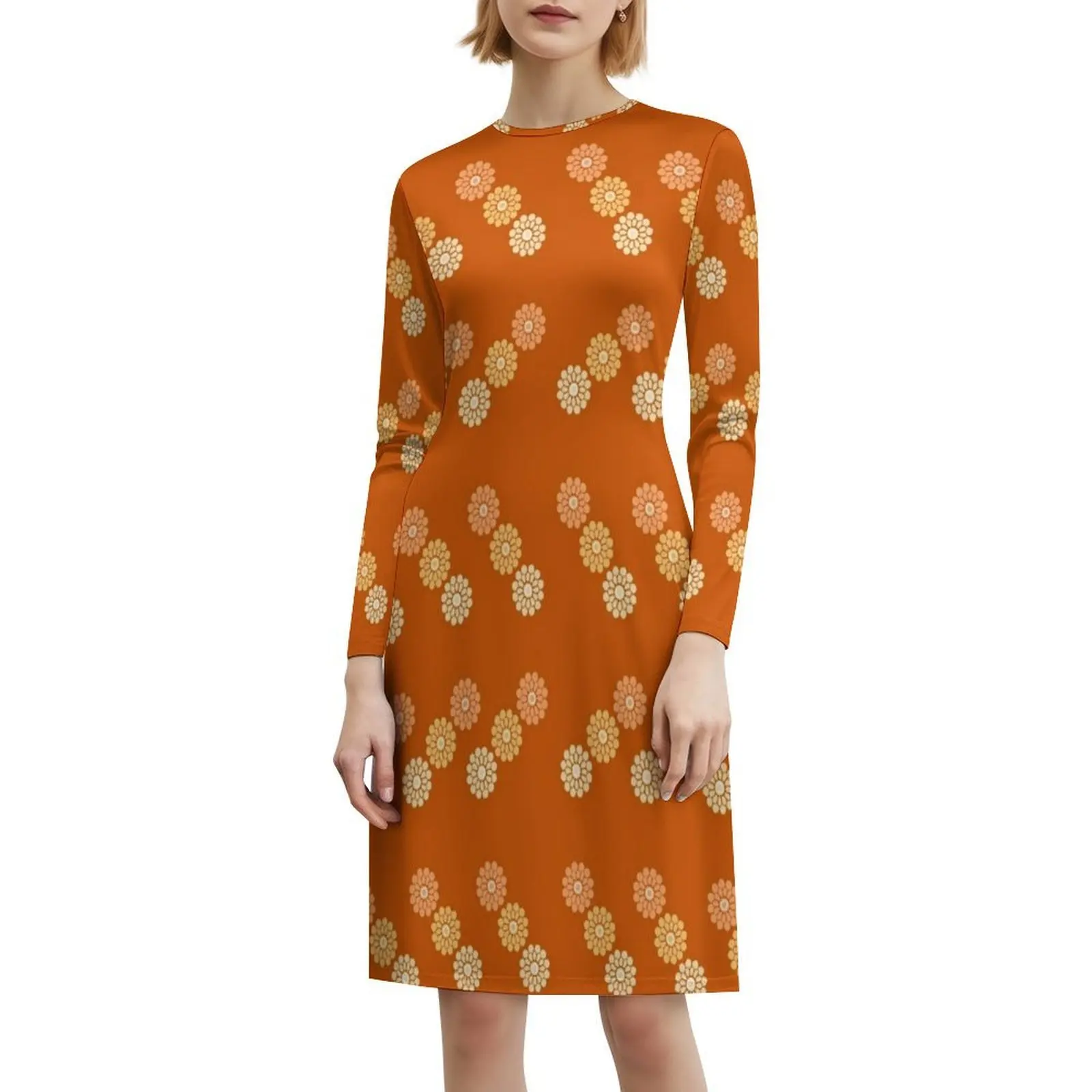 فستان نسائي أنيق للحفلات باللون البرتقالي/المرون البرتقالي البسيط بنمط الأزهار مع خيارات قصيرة/طويلة/بدون أكمام #6